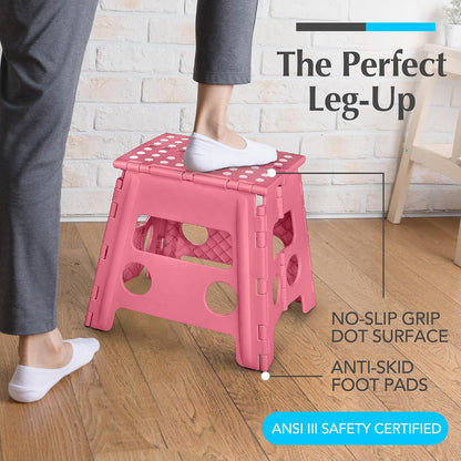 Folding Step Stool 9 Inch, Pink, Non-Slip Holds 300 lbs