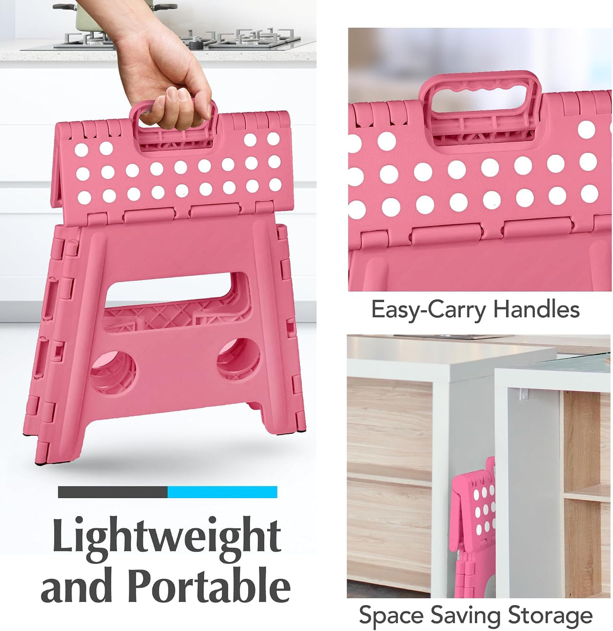Folding Step Stool 9 Inch, Pink, Non-Slip Holds 300 lbs