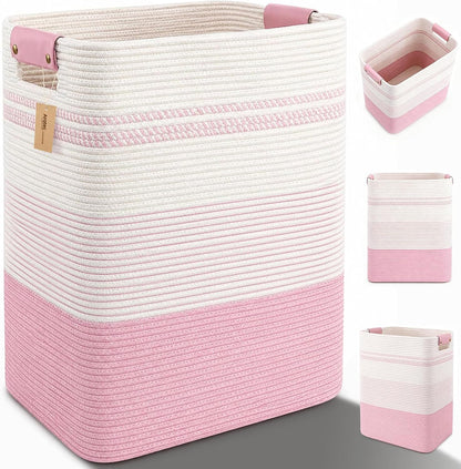 Laundry Hamper, Cotton Rope Laundry Basket with Leather Handles, 21.1-Gallon/80 L Large Clothes Hampers for Laundry, Woven Laundry Baskets for Blankets, Clothing, Bedroom, Living Room, Nursery