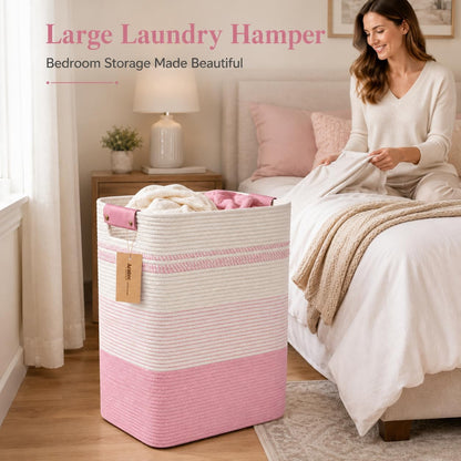 Laundry Hamper, Cotton Rope Laundry Basket with Leather Handles, 21.1-Gallon/80 L Large Clothes Hampers for Laundry, Woven Laundry Baskets for Blankets, Clothing, Bedroom, Living Room, Nursery