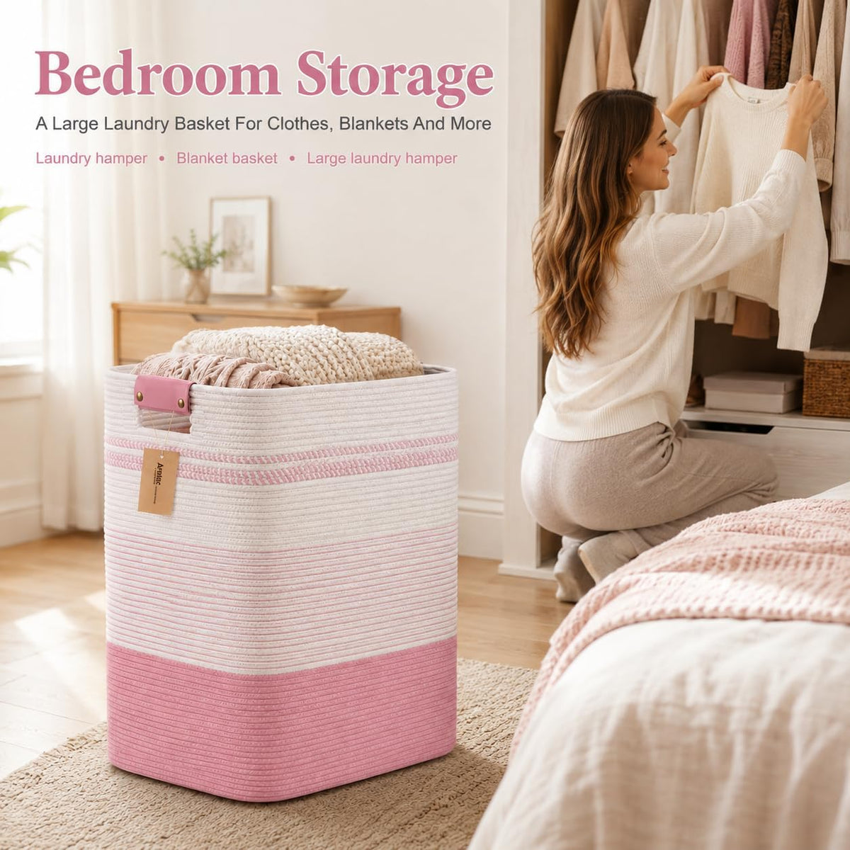 Laundry Hamper, Cotton Rope Laundry Basket with Leather Handles, 21.1-Gallon/80 L Large Clothes Hampers for Laundry, Woven Laundry Baskets for Blankets, Clothing, Bedroom, Living Room, Nursery