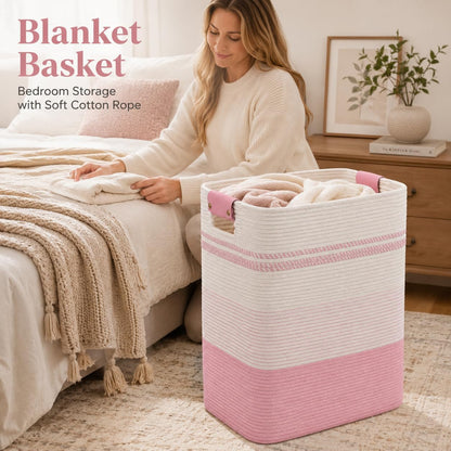 Laundry Hamper, Cotton Rope Laundry Basket with Leather Handles, 21.1-Gallon/80 L Large Clothes Hampers for Laundry, Woven Laundry Baskets for Blankets, Clothing, Bedroom, Living Room, Nursery