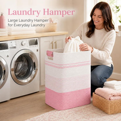 Laundry Hamper, Cotton Rope Laundry Basket with Leather Handles, 21.1-Gallon/80 L Large Clothes Hampers for Laundry, Woven Laundry Baskets for Blankets, Clothing, Bedroom, Living Room, Nursery