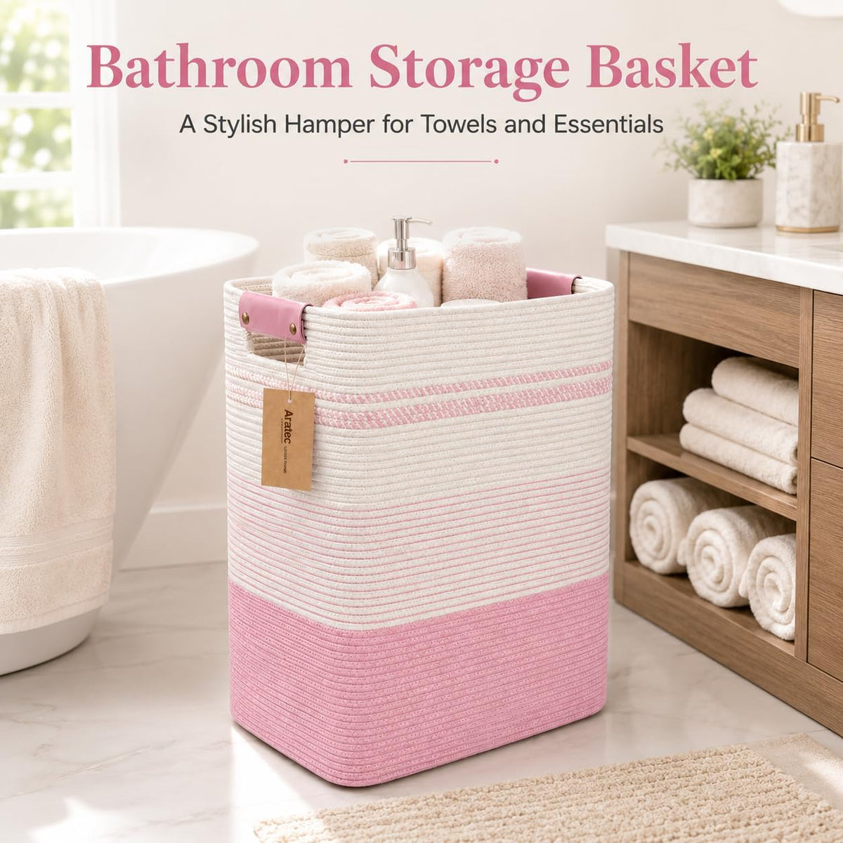 Laundry Hamper, Cotton Rope Laundry Basket with Leather Handles, 21.1-Gallon/80 L Large Clothes Hampers for Laundry, Woven Laundry Baskets for Blankets, Clothing, Bedroom, Living Room, Nursery
