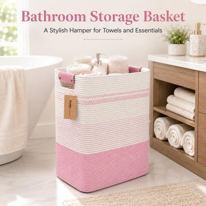 Laundry Hamper, Cotton Rope Laundry Basket with Leather Handles, 21.1-Gallon/80 L Large Clothes Hampers for Laundry, Woven Laundry Baskets for Blankets, Clothing, Bedroom, Living Room, Nursery