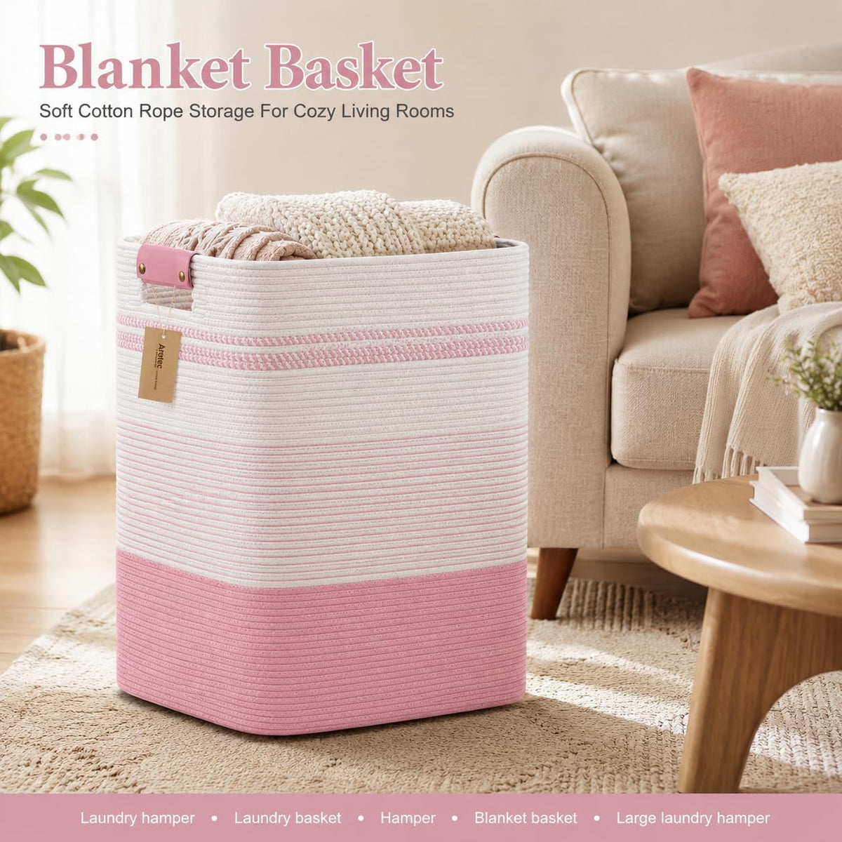 Laundry Hamper, Cotton Rope Laundry Basket with Leather Handles, 21.1-Gallon/80 L Large Clothes Hampers for Laundry, Woven Laundry Baskets for Blankets, Clothing, Bedroom, Living Room, Nursery