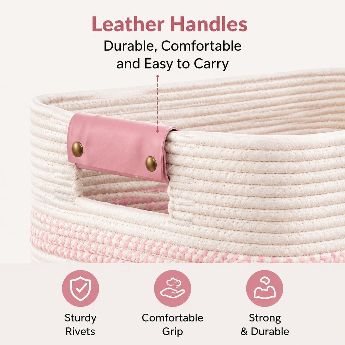 Laundry Hamper, Cotton Rope Laundry Basket with Leather Handles, 21.1-Gallon/80 L Large Clothes Hampers for Laundry, Woven Laundry Baskets for Blankets, Clothing, Bedroom, Living Room, Nursery