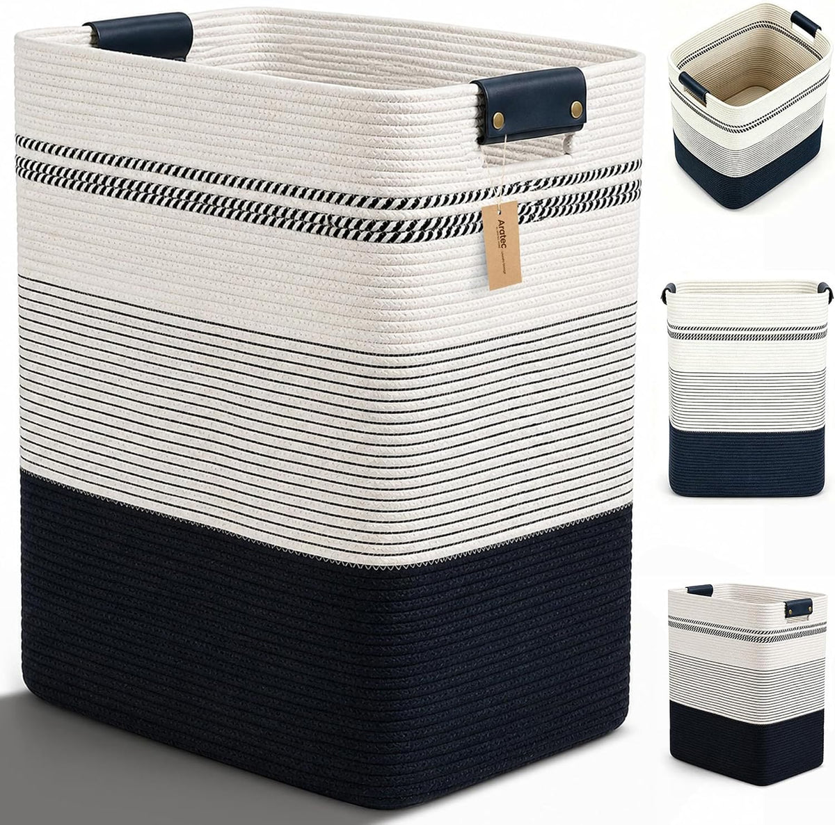 Laundry Hamper, Cotton Rope Laundry Basket with Leather Handles, 21.1-Gallon/80 L Large Clothes Hampers for Laundry, Woven Laundry Baskets for Blankets, Clothing, Bedroom, Living Room, Nursery