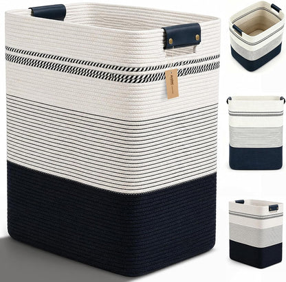 Laundry Hamper, Cotton Rope Laundry Basket with Leather Handles, 21.1-Gallon/80 L Large Clothes Hampers for Laundry, Woven Laundry Baskets for Blankets, Clothing, Bedroom, Living Room, Nursery