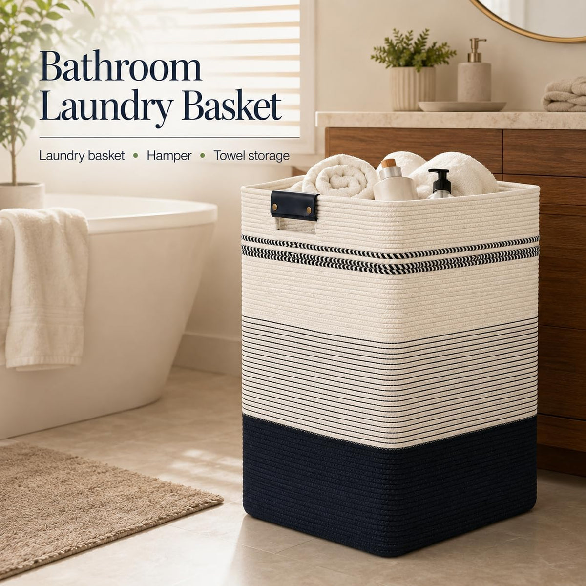 Laundry Hamper, Cotton Rope Laundry Basket with Leather Handles, 21.1-Gallon/80 L Large Clothes Hampers for Laundry, Woven Laundry Baskets for Blankets, Clothing, Bedroom, Living Room, Nursery