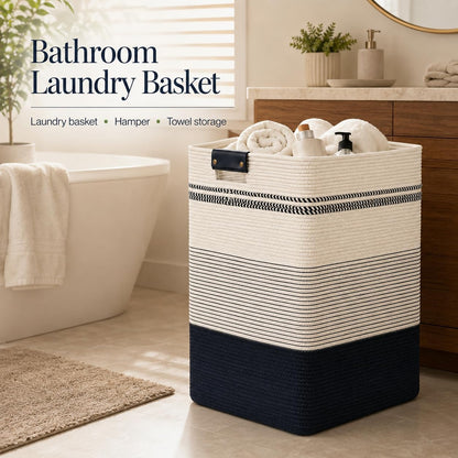 Laundry Hamper, Cotton Rope Laundry Basket with Leather Handles, 21.1-Gallon/80 L Large Clothes Hampers for Laundry, Woven Laundry Baskets for Blankets, Clothing, Bedroom, Living Room, Nursery
