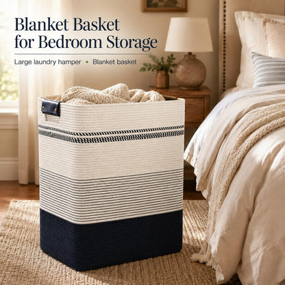 Laundry Hamper, Cotton Rope Laundry Basket with Leather Handles, 21.1-Gallon/80 L Large Clothes Hampers for Laundry, Woven Laundry Baskets for Blankets, Clothing, Bedroom, Living Room, Nursery