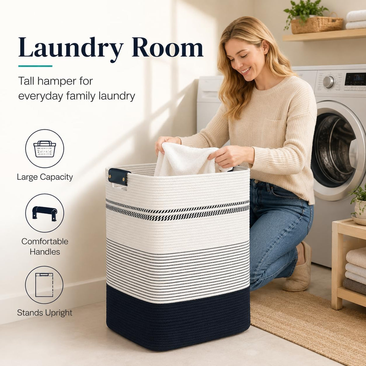 Laundry Hamper, Cotton Rope Laundry Basket with Leather Handles, 21.1-Gallon/80 L Large Clothes Hampers for Laundry, Woven Laundry Baskets for Blankets, Clothing, Bedroom, Living Room, Nursery