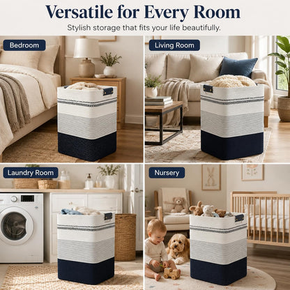 Laundry Hamper, Cotton Rope Laundry Basket with Leather Handles, 21.1-Gallon/80 L Large Clothes Hampers for Laundry, Woven Laundry Baskets for Blankets, Clothing, Bedroom, Living Room, Nursery