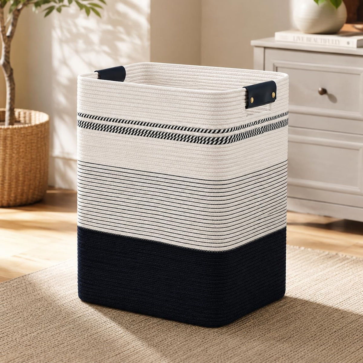 Laundry Hamper, Cotton Rope Laundry Basket with Leather Handles, 21.1-Gallon/80 L Large Clothes Hampers for Laundry, Woven Laundry Baskets for Blankets, Clothing, Bedroom, Living Room, Nursery