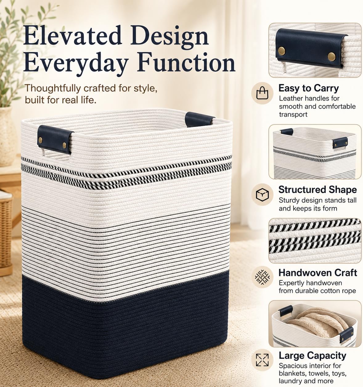 Laundry Hamper, Cotton Rope Laundry Basket with Leather Handles, 21.1-Gallon/80 L Large Clothes Hampers for Laundry, Woven Laundry Baskets for Blankets, Clothing, Bedroom, Living Room, Nursery