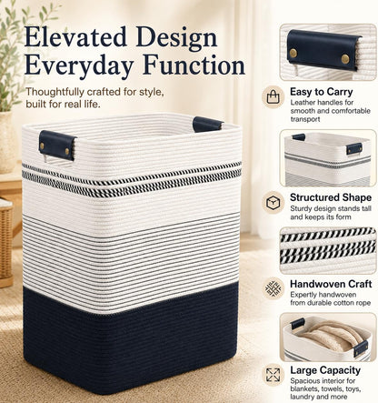Laundry Hamper, Cotton Rope Laundry Basket with Leather Handles, 21.1-Gallon/80 L Large Clothes Hampers for Laundry, Woven Laundry Baskets for Blankets, Clothing, Bedroom, Living Room, Nursery