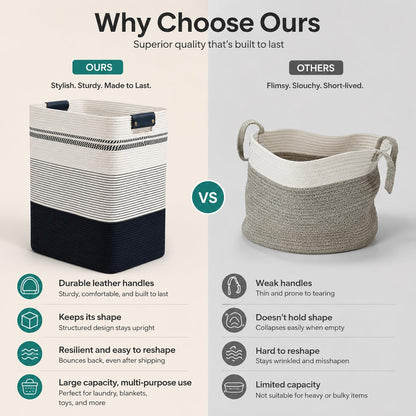 Laundry Hamper, Cotton Rope Laundry Basket with Leather Handles, 21.1-Gallon/80 L Large Clothes Hampers for Laundry, Woven Laundry Baskets for Blankets, Clothing, Bedroom, Living Room, Nursery