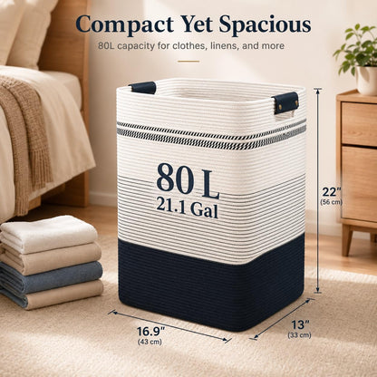 Laundry Hamper, Cotton Rope Laundry Basket with Leather Handles, 21.1-Gallon/80 L Large Clothes Hampers for Laundry, Woven Laundry Baskets for Blankets, Clothing, Bedroom, Living Room, Nursery