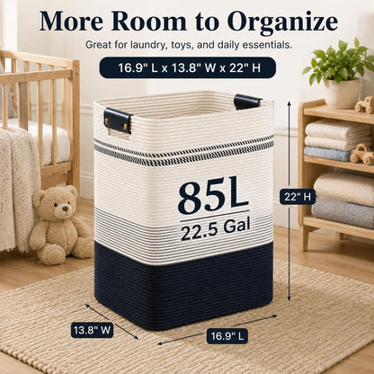 Laundry Hamper, Cotton Rope Laundry Basket with Leather Handles, 21.1-Gallon/80 L Large Clothes Hampers for Laundry, Woven Laundry Baskets for Blankets, Clothing, Bedroom, Living Room, Nursery