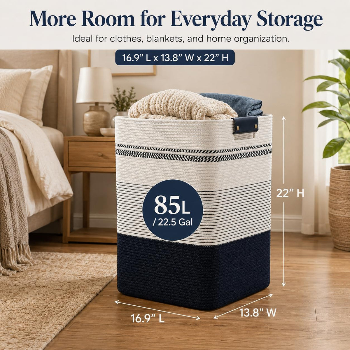Laundry Hamper, Cotton Rope Laundry Basket with Leather Handles, 21.1-Gallon/80 L Large Clothes Hampers for Laundry, Woven Laundry Baskets for Blankets, Clothing, Bedroom, Living Room, Nursery