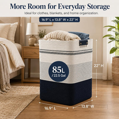 Laundry Hamper, Cotton Rope Laundry Basket with Leather Handles, 21.1-Gallon/80 L Large Clothes Hampers for Laundry, Woven Laundry Baskets for Blankets, Clothing, Bedroom, Living Room, Nursery