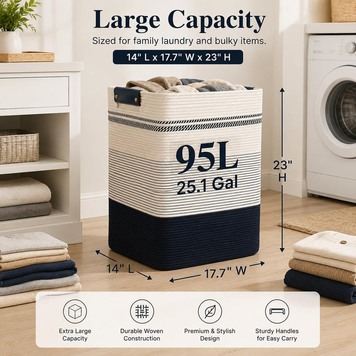 Laundry Hamper, Cotton Rope Laundry Basket with Leather Handles, 21.1-Gallon/80 L Large Clothes Hampers for Laundry, Woven Laundry Baskets for Blankets, Clothing, Bedroom, Living Room, Nursery