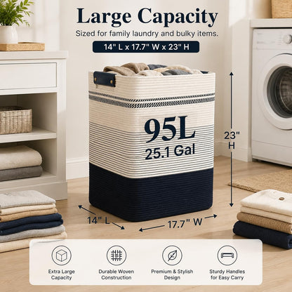 Laundry Hamper, Cotton Rope Laundry Basket with Leather Handles, 21.1-Gallon/80 L Large Clothes Hampers for Laundry, Woven Laundry Baskets for Blankets, Clothing, Bedroom, Living Room, Nursery