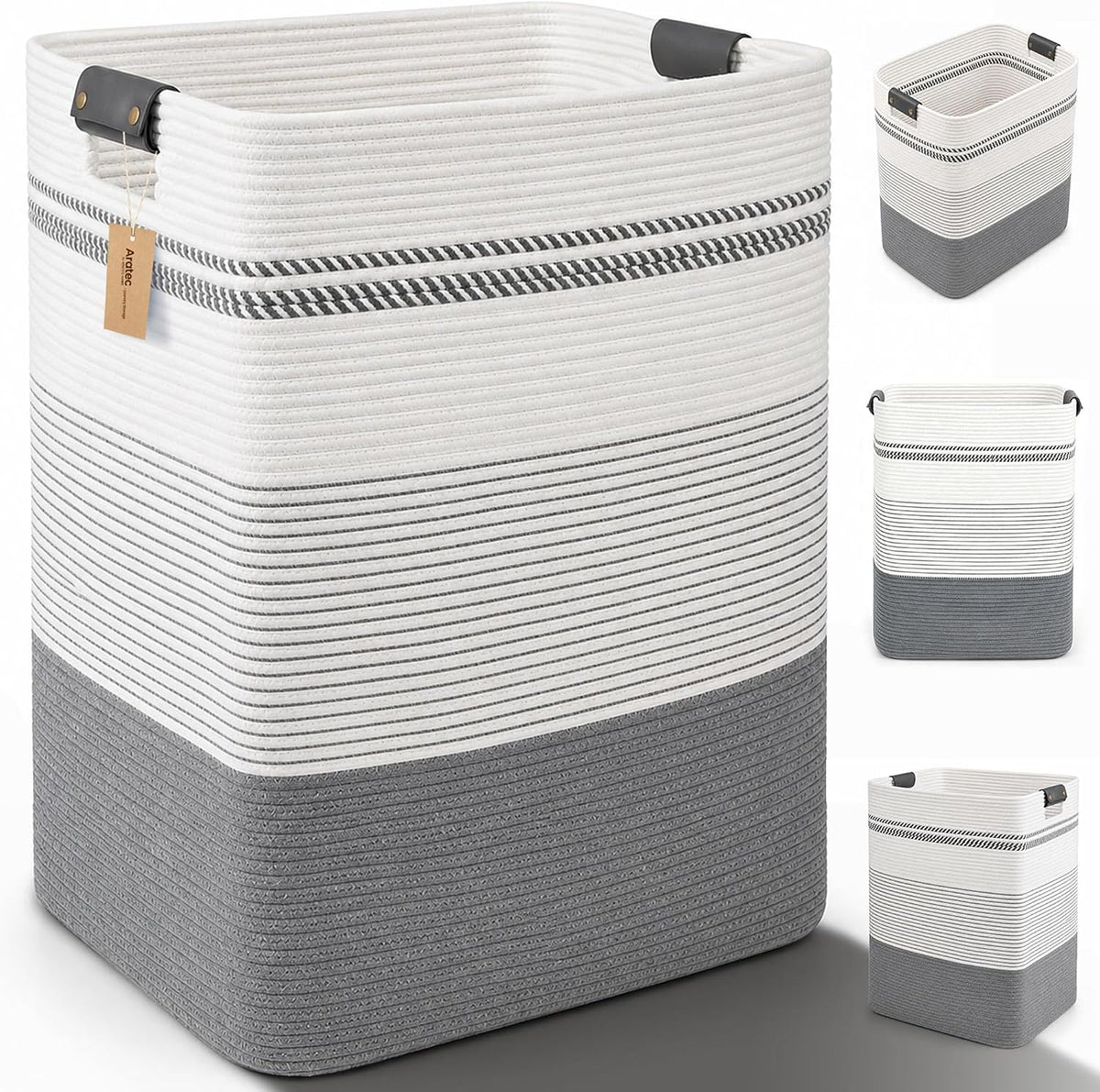 Laundry Hamper, Cotton Rope Laundry Basket with Leather Handles, 21.1-Gallon/80 L Large Clothes Hampers for Laundry, Woven Laundry Baskets for Blankets, Clothing, Bedroom, Living Room, Nursery