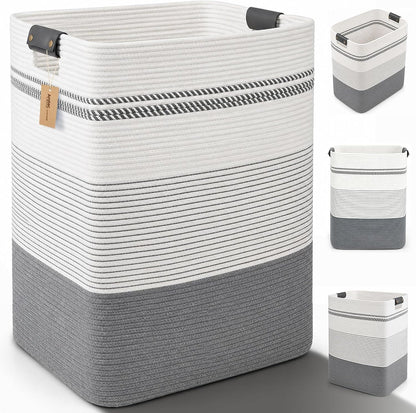 Laundry Hamper, Cotton Rope Laundry Basket with Leather Handles, 21.1-Gallon/80 L Large Clothes Hampers for Laundry, Woven Laundry Baskets for Blankets, Clothing, Bedroom, Living Room, Nursery