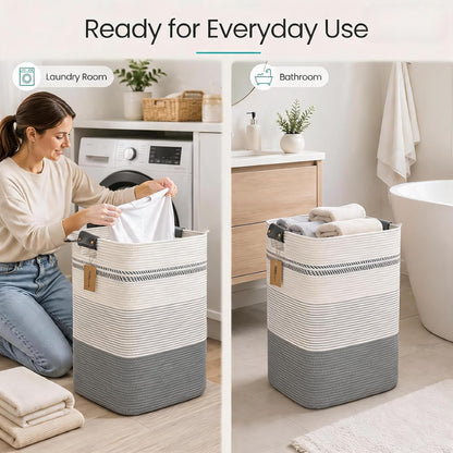 Laundry Hamper, Cotton Rope Laundry Basket with Leather Handles, 21.1-Gallon/80 L Large Clothes Hampers for Laundry, Woven Laundry Baskets for Blankets, Clothing, Bedroom, Living Room, Nursery