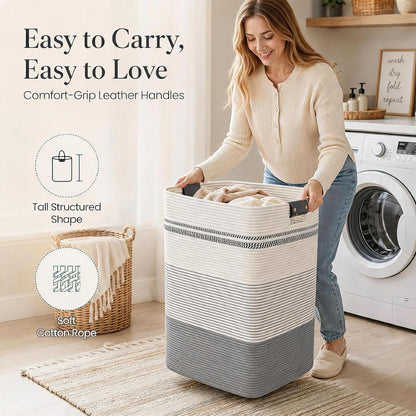 Laundry Hamper, Cotton Rope Laundry Basket with Leather Handles, 21.1-Gallon/80 L Large Clothes Hampers for Laundry, Woven Laundry Baskets for Blankets, Clothing, Bedroom, Living Room, Nursery