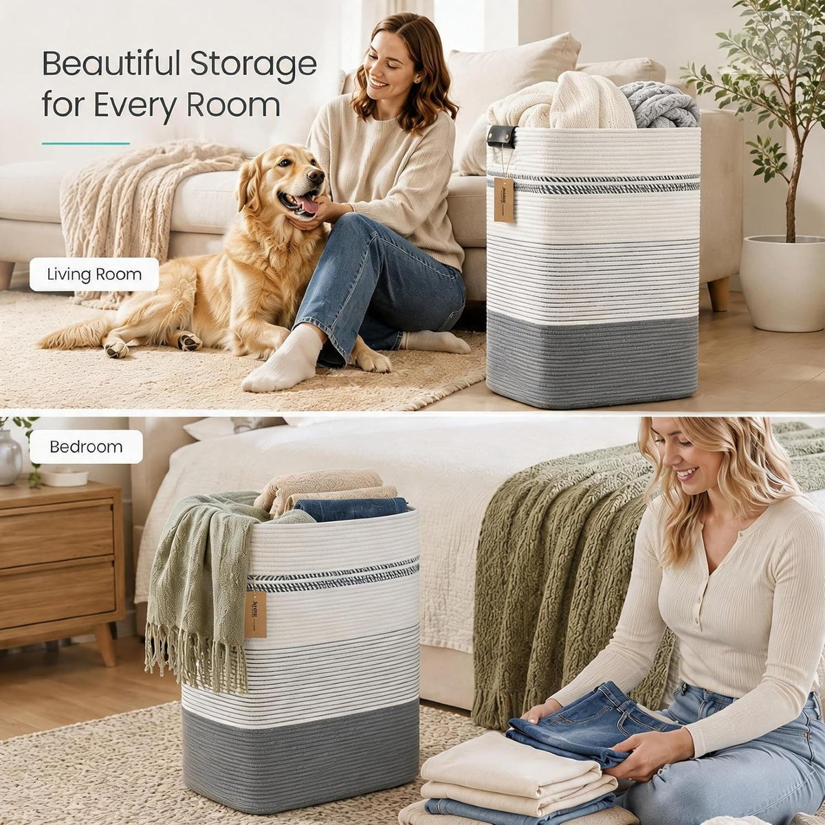 Laundry Hamper, Cotton Rope Laundry Basket with Leather Handles, 21.1-Gallon/80 L Large Clothes Hampers for Laundry, Woven Laundry Baskets for Blankets, Clothing, Bedroom, Living Room, Nursery