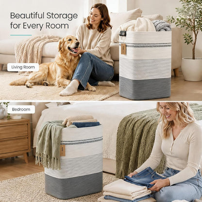 Laundry Hamper, Cotton Rope Laundry Basket with Leather Handles, 21.1-Gallon/80 L Large Clothes Hampers for Laundry, Woven Laundry Baskets for Blankets, Clothing, Bedroom, Living Room, Nursery