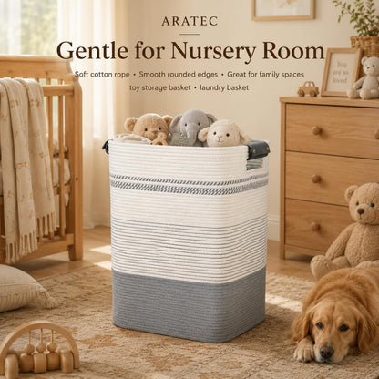 Laundry Hamper, Cotton Rope Laundry Basket with Leather Handles, 21.1-Gallon/80 L Large Clothes Hampers for Laundry, Woven Laundry Baskets for Blankets, Clothing, Bedroom, Living Room, Nursery