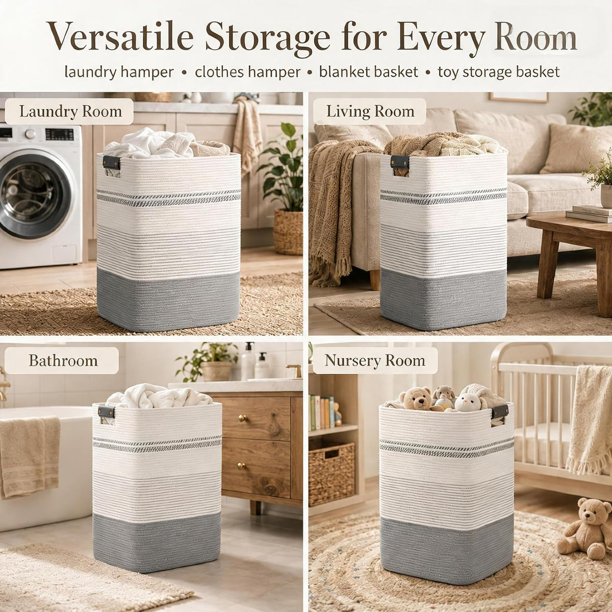 Laundry Hamper, Cotton Rope Laundry Basket with Leather Handles, 21.1-Gallon/80 L Large Clothes Hampers for Laundry, Woven Laundry Baskets for Blankets, Clothing, Bedroom, Living Room, Nursery