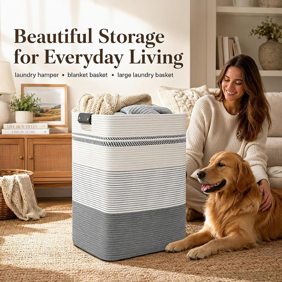 Laundry Hamper, Cotton Rope Laundry Basket with Leather Handles, 21.1-Gallon/80 L Large Clothes Hampers for Laundry, Woven Laundry Baskets for Blankets, Clothing, Bedroom, Living Room, Nursery