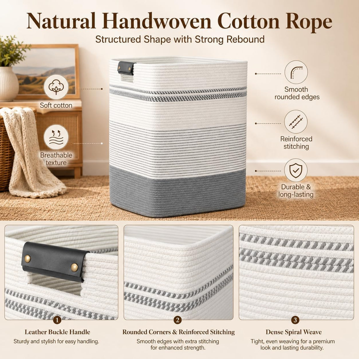 Laundry Hamper, Cotton Rope Laundry Basket with Leather Handles, 21.1-Gallon/80 L Large Clothes Hampers for Laundry, Woven Laundry Baskets for Blankets, Clothing, Bedroom, Living Room, Nursery
