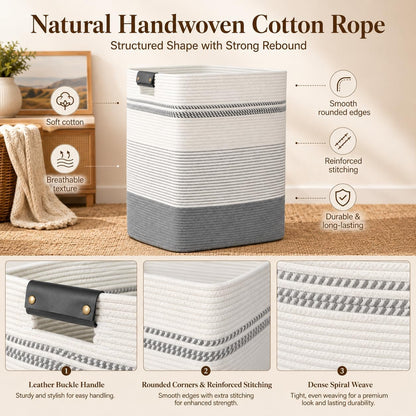 Laundry Hamper, Cotton Rope Laundry Basket with Leather Handles, 21.1-Gallon/80 L Large Clothes Hampers for Laundry, Woven Laundry Baskets for Blankets, Clothing, Bedroom, Living Room, Nursery