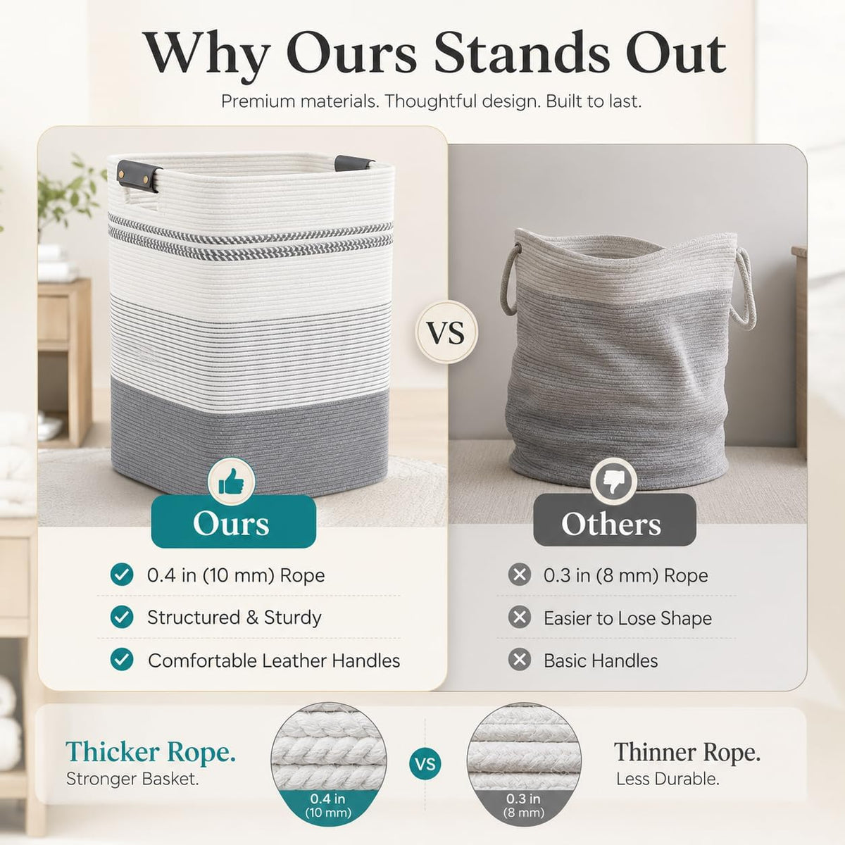 Laundry Hamper, Cotton Rope Laundry Basket with Leather Handles, 21.1-Gallon/80 L Large Clothes Hampers for Laundry, Woven Laundry Baskets for Blankets, Clothing, Bedroom, Living Room, Nursery