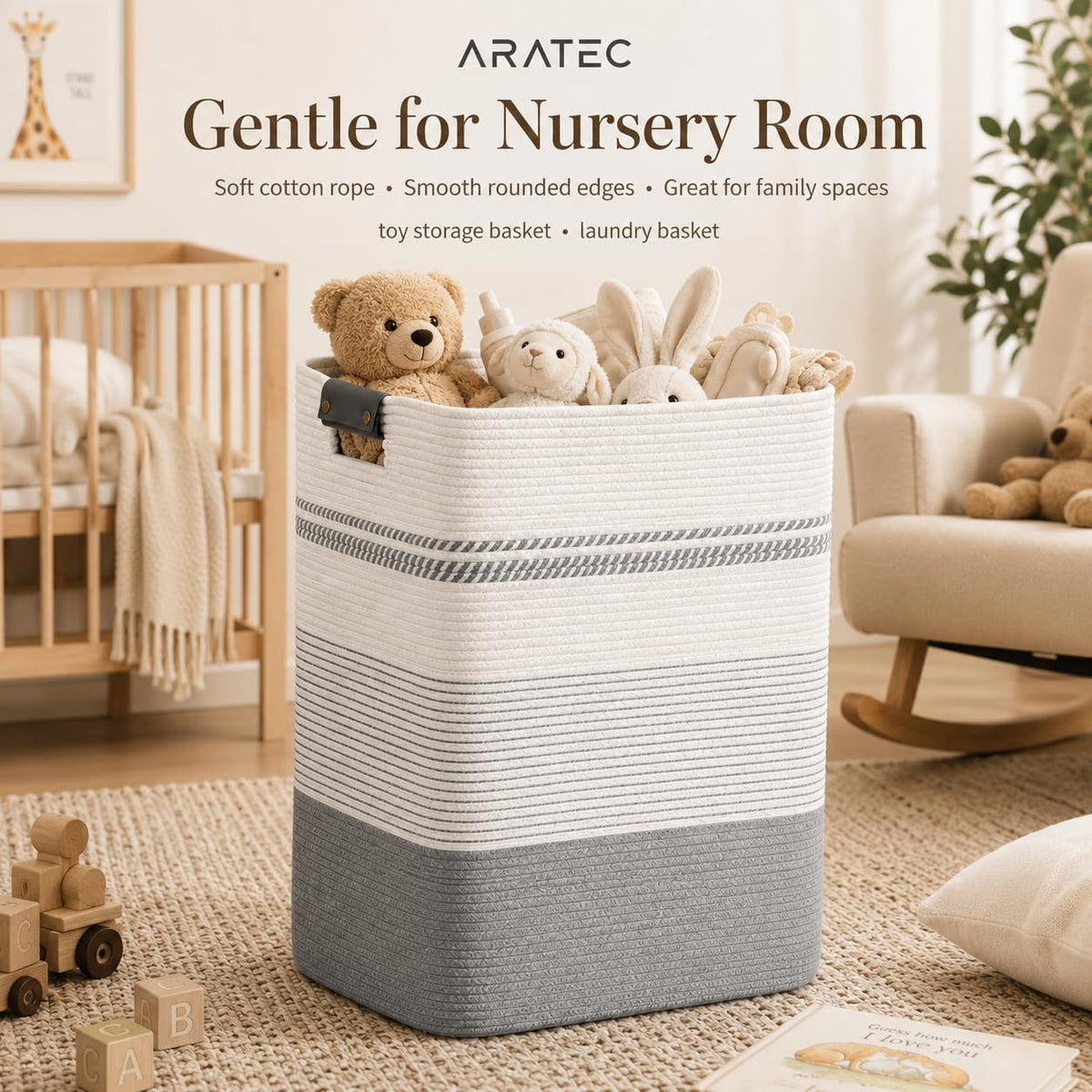 Laundry Hamper, Cotton Rope Laundry Basket with Leather Handles, 21.1-Gallon/80 L Large Clothes Hampers for Laundry, Woven Laundry Baskets for Blankets, Clothing, Bedroom, Living Room, Nursery