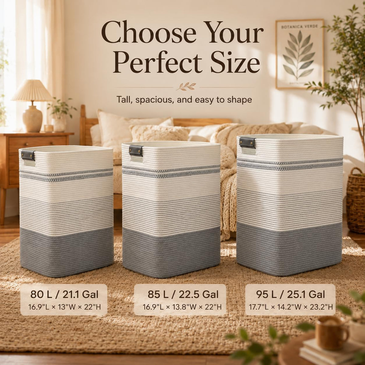 Laundry Hamper, Cotton Rope Laundry Basket with Leather Handles, 21.1-Gallon/80 L Large Clothes Hampers for Laundry, Woven Laundry Baskets for Blankets, Clothing, Bedroom, Living Room, Nursery