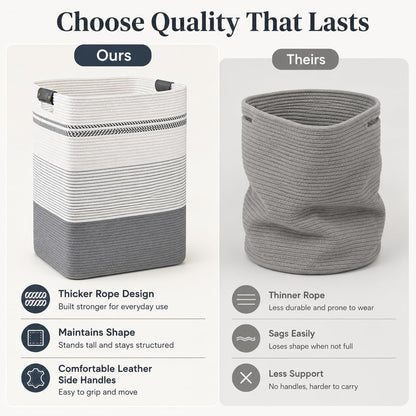Laundry Hamper, Cotton Rope Laundry Basket with Leather Handles, 21.1-Gallon/80 L Large Clothes Hampers for Laundry, Woven Laundry Baskets for Blankets, Clothing, Bedroom, Living Room, Nursery