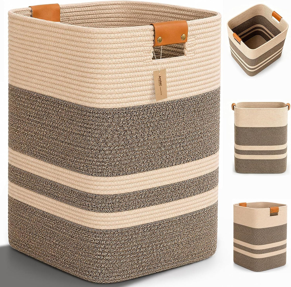 Laundry Hamper, Cotton Rope Laundry Basket with Leather Handles, 21.1-Gallon/80 L Large Clothes Hampers for Laundry, Woven Laundry Baskets for Blankets, Clothing, Bedroom, Living Room, Nursery