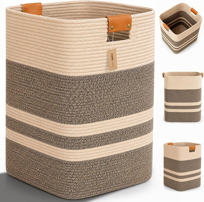 Laundry Hamper, Cotton Rope Laundry Basket with Leather Handles, 21.1-Gallon/80 L Large Clothes Hampers for Laundry, Woven Laundry Baskets for Blankets, Clothing, Bedroom, Living Room, Nursery