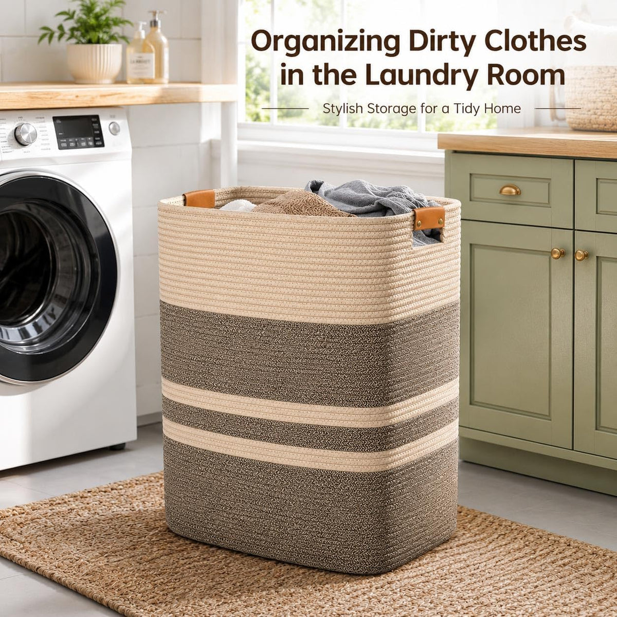 Laundry Hamper, Cotton Rope Laundry Basket with Leather Handles, 21.1-Gallon/80 L Large Clothes Hampers for Laundry, Woven Laundry Baskets for Blankets, Clothing, Bedroom, Living Room, Nursery
