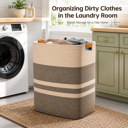 Laundry Hamper, Cotton Rope Laundry Basket with Leather Handles, 21.1-Gallon/80 L Large Clothes Hampers for Laundry, Woven Laundry Baskets for Blankets, Clothing, Bedroom, Living Room, Nursery