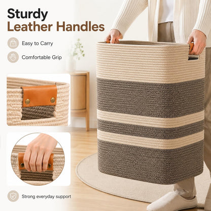 Laundry Hamper, Cotton Rope Laundry Basket with Leather Handles, 21.1-Gallon/80 L Large Clothes Hampers for Laundry, Woven Laundry Baskets for Blankets, Clothing, Bedroom, Living Room, Nursery