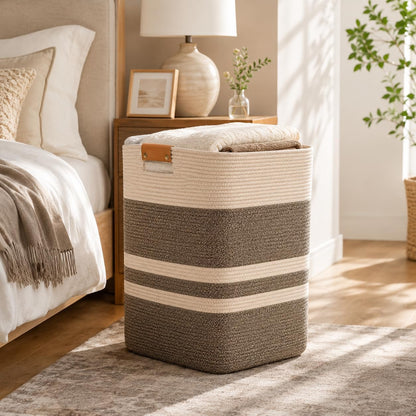 Laundry Hamper, Cotton Rope Laundry Basket with Leather Handles, 21.1-Gallon/80 L Large Clothes Hampers for Laundry, Woven Laundry Baskets for Blankets, Clothing, Bedroom, Living Room, Nursery