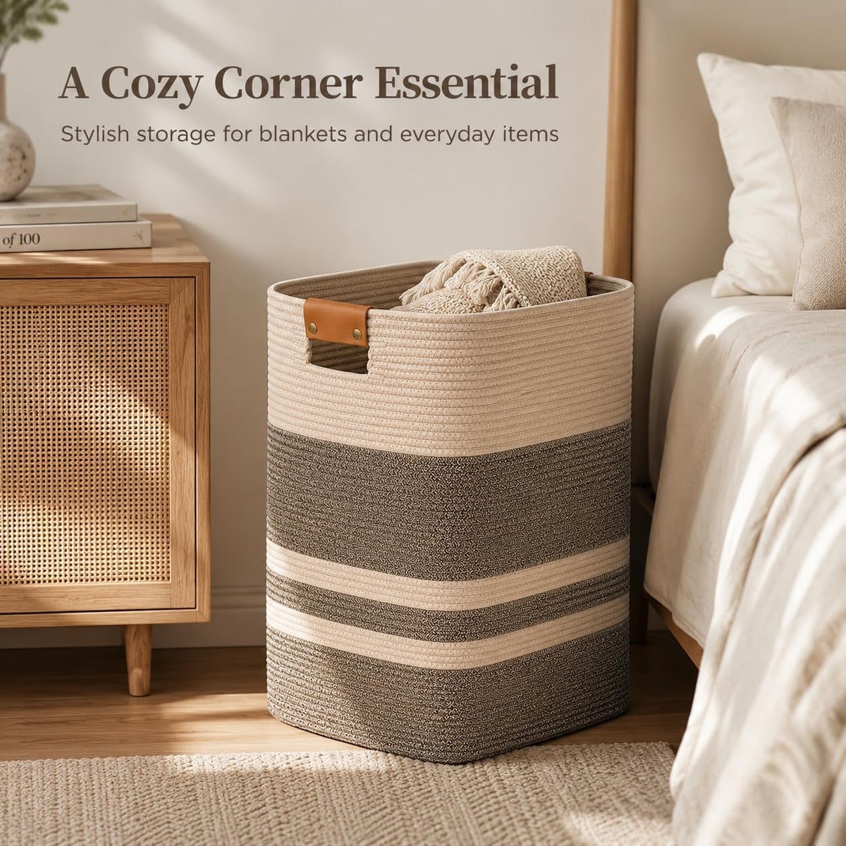 Laundry Hamper, Cotton Rope Laundry Basket with Leather Handles, 21.1-Gallon/80 L Large Clothes Hampers for Laundry, Woven Laundry Baskets for Blankets, Clothing, Bedroom, Living Room, Nursery